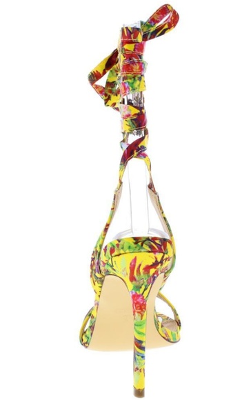 💙Yellow Floral Open Toe Ankle Wrap Stiletto Heel - Picture 2 of 3